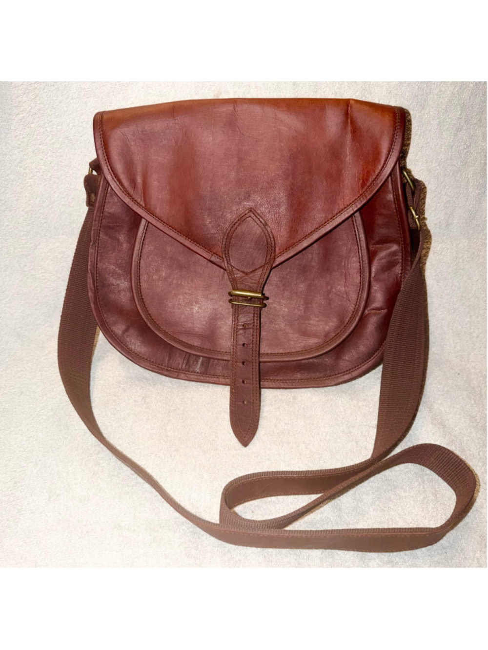 Vintage Brown Leather Saddle Crossbody Messenger Boho Bag Green Canvas Lining